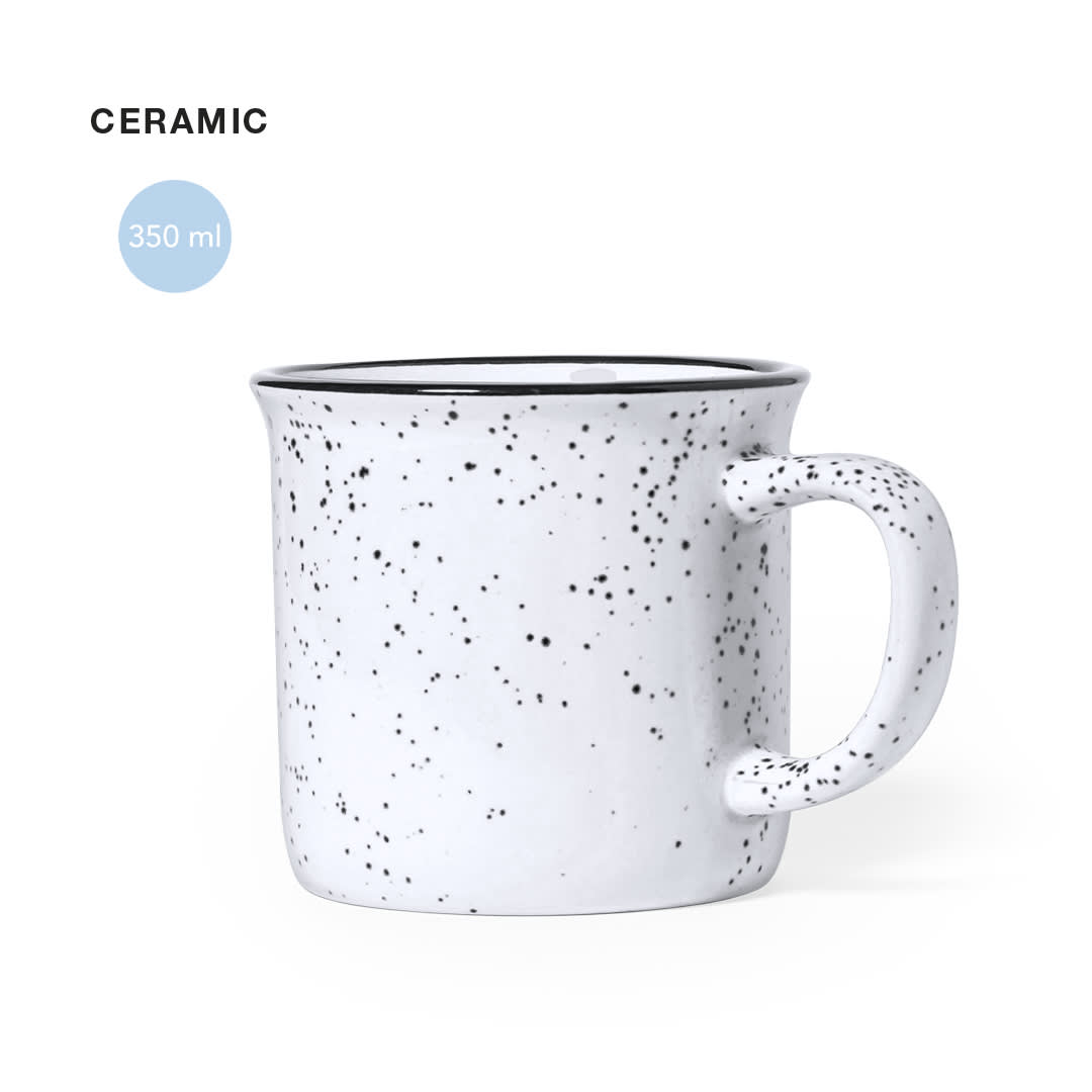 A ceramic coffee mug in white with black speckles, featuring a handle and a capacity of 350 ml. Lanay Mug - Image 1