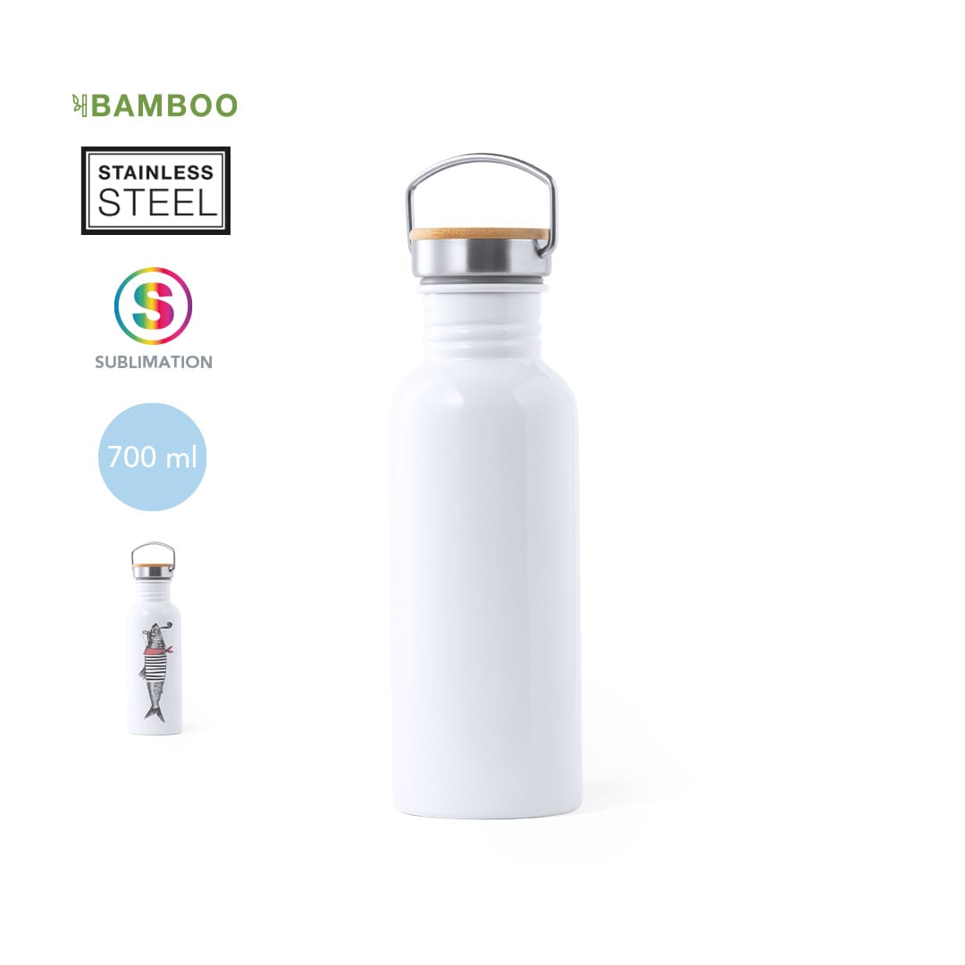 A drink bottle in white stainless steel with a bamboo lid and a design featuring a character. Capacity of 700 ml. Preuk Sublimation Bottle - Image 1