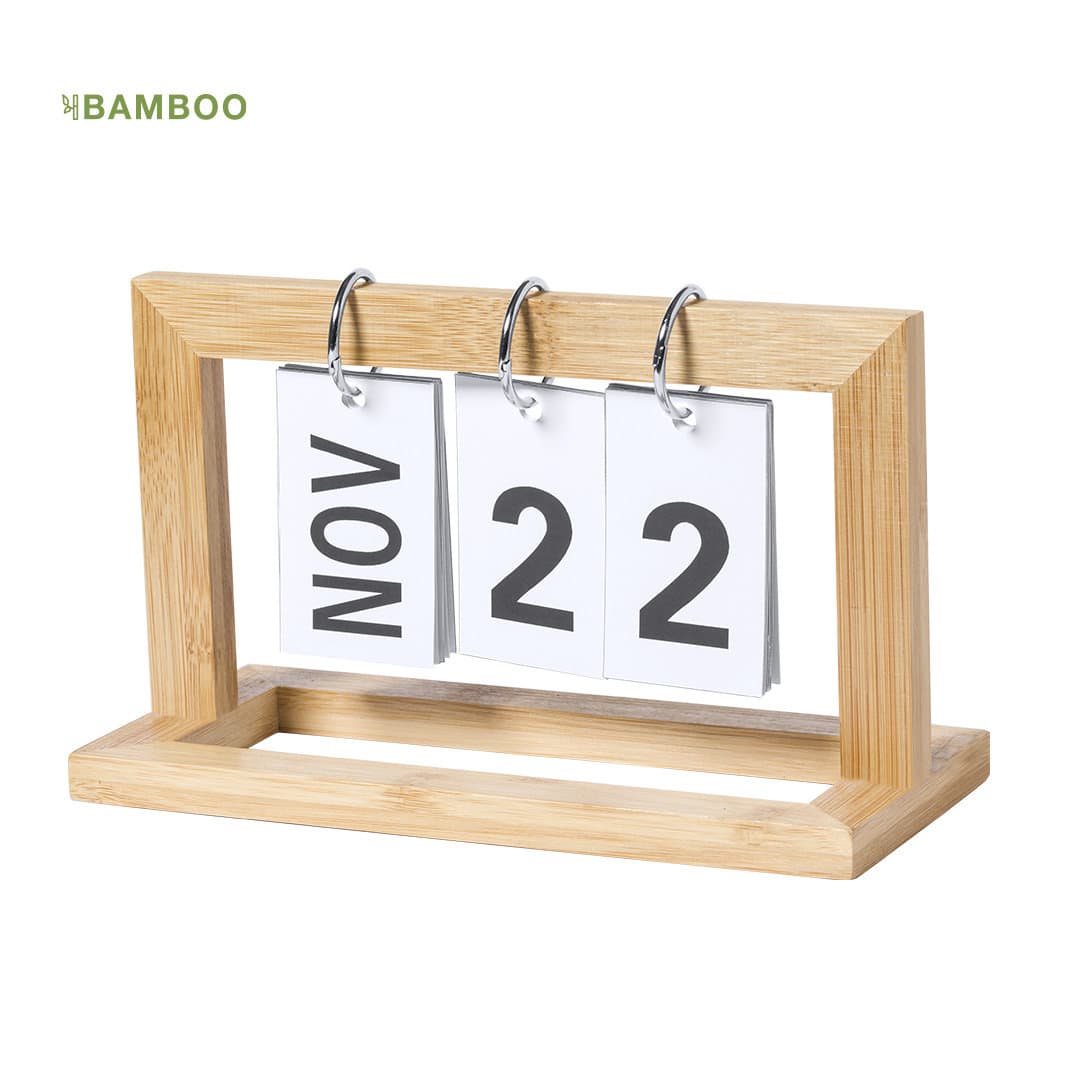 A wooden perpetual calendar with a bamboo stand, featuring white cards displaying the month and day in black. Vitelix Everlasting Calendar - Image 1