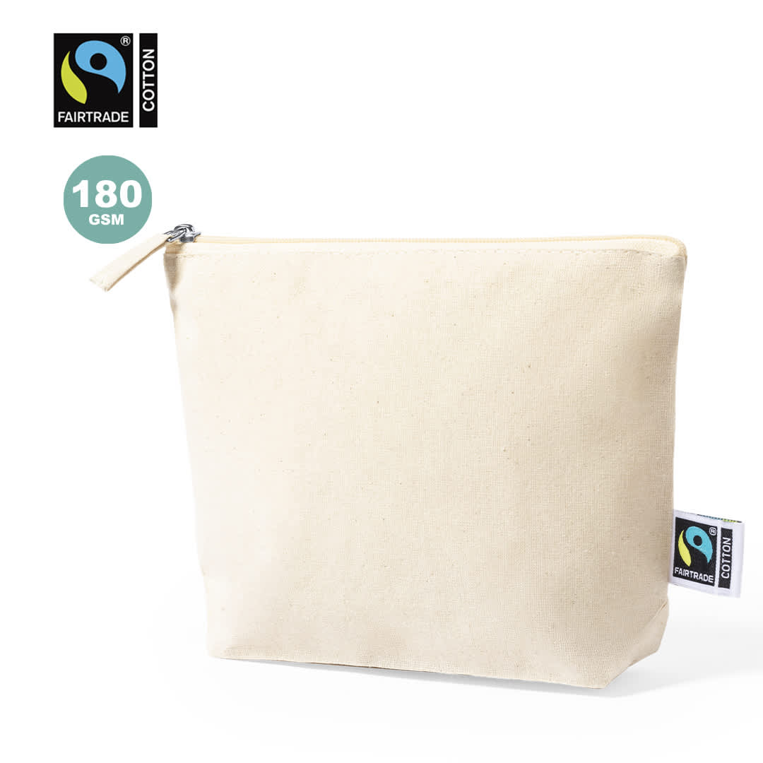 A cream, Fairtrade cotton toiletry bag with a zip closure and branded tag. Adams Fairtrade Beauty Bag - Image 1