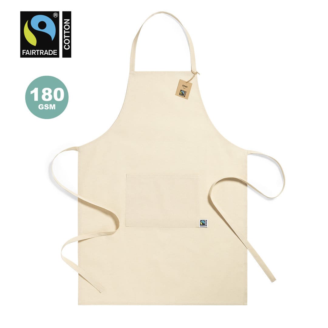 A cream-coloured cotton apron with a front pocket and ties, featuring a logo and a Fairtrade tag. Zowi Fairtrade - Image 1