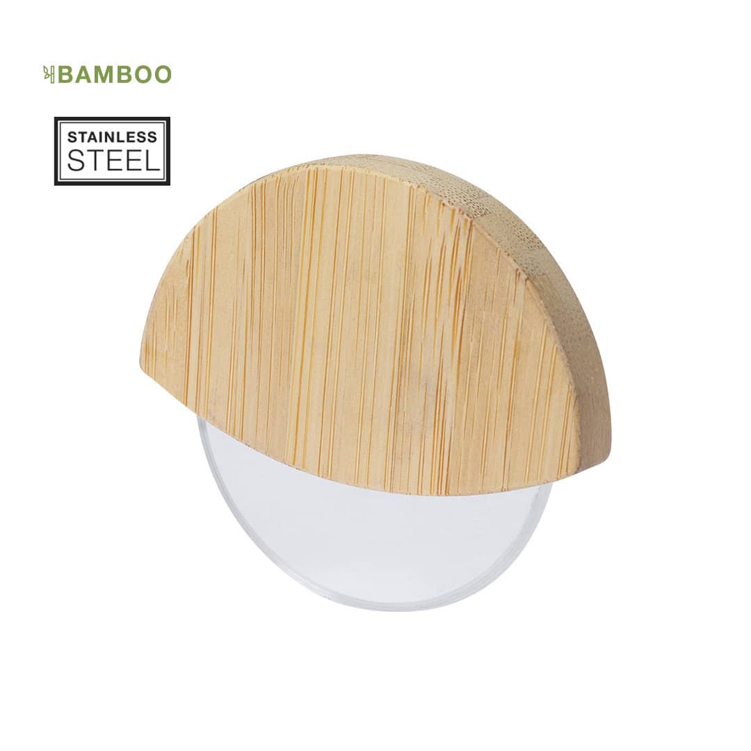 A stainless steel pizza cutter with a bamboo handle in a half-moon shape, featuring a sleek design. Titox Pizza Cutter - Image 1