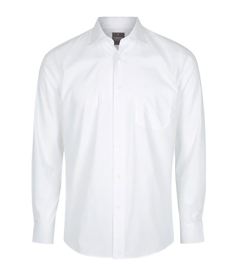 A white button-up shirt featuring a chest pocket and long sleeves, with a logo on the label. Nicholson Poplin - Image 1