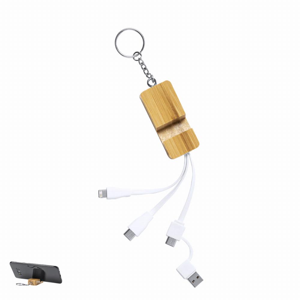 A keychain with a bamboo body featuring multiple white charging cables for various devices. Drusek - Image 1