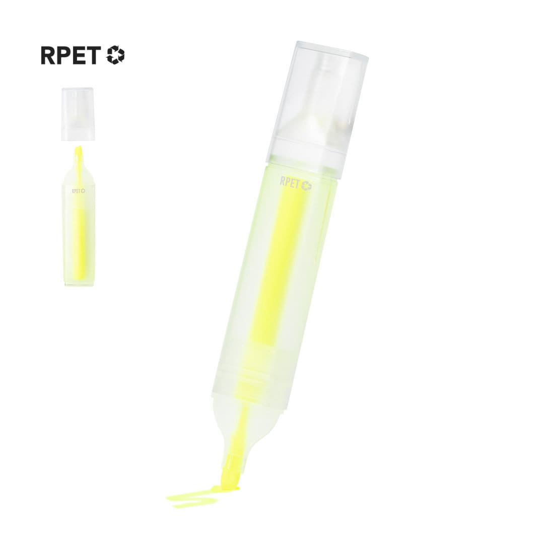 A highlighter in a transparent container with a yellow tip and a cap, featuring a logo on the side. Conrad Highlighter - Image 1