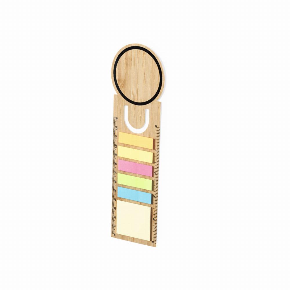 A bamboo ruler with a circular top and attached pastel-coloured sticky notes in yellow, pink, blue, and white. Tecin - Image 1