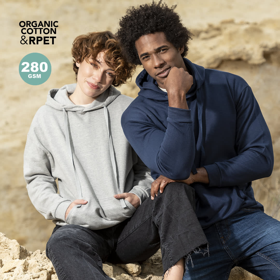 A grey and navy hooded sweatshirt displayed on models, featuring a logo and made from organic cotton and RPET. Harnix Adult Hooded Sweatshirt - Image 1