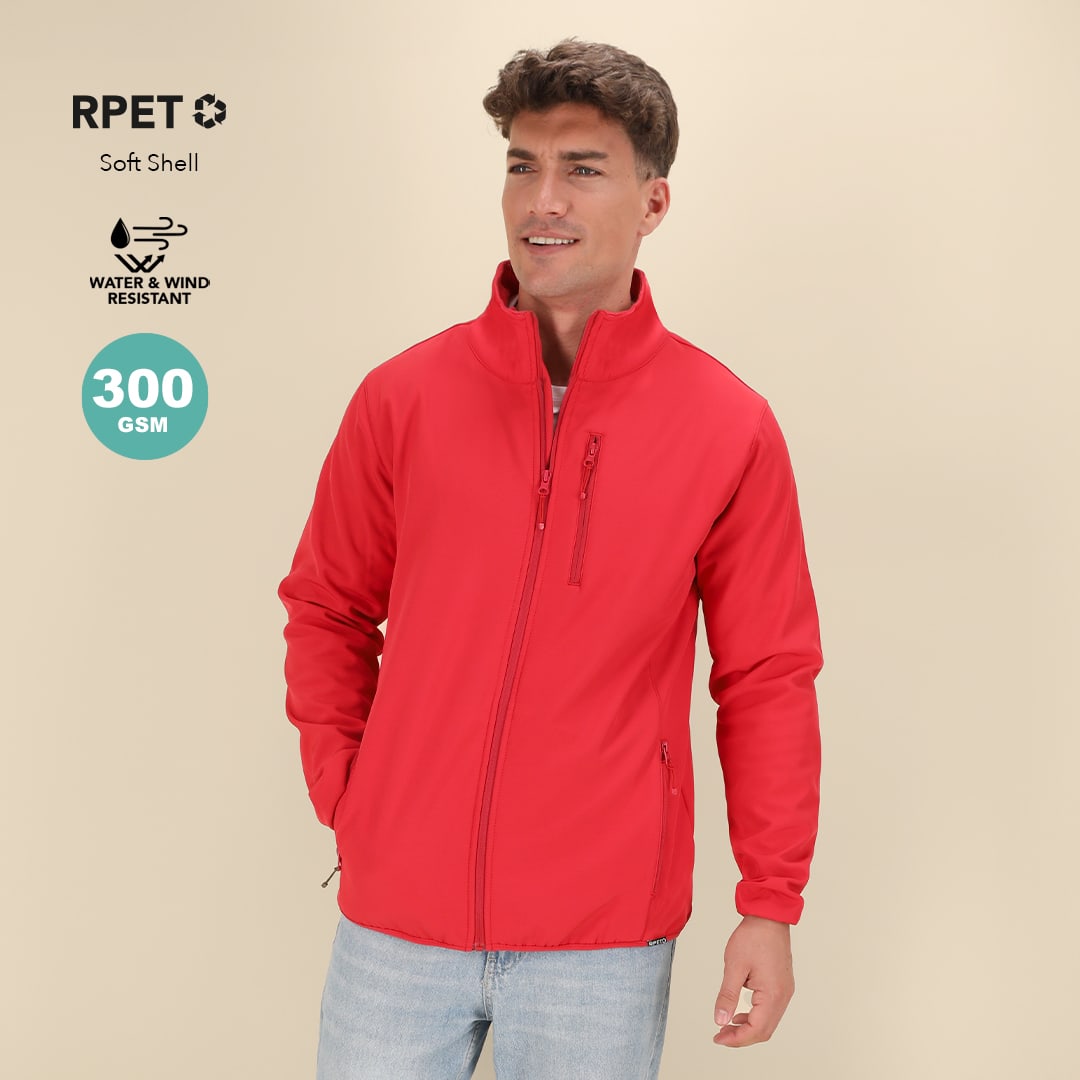 A red soft shell jacket designed with water and wind resistance features, featuring a zippered pocket and branding. Scola Jacket - Image 1