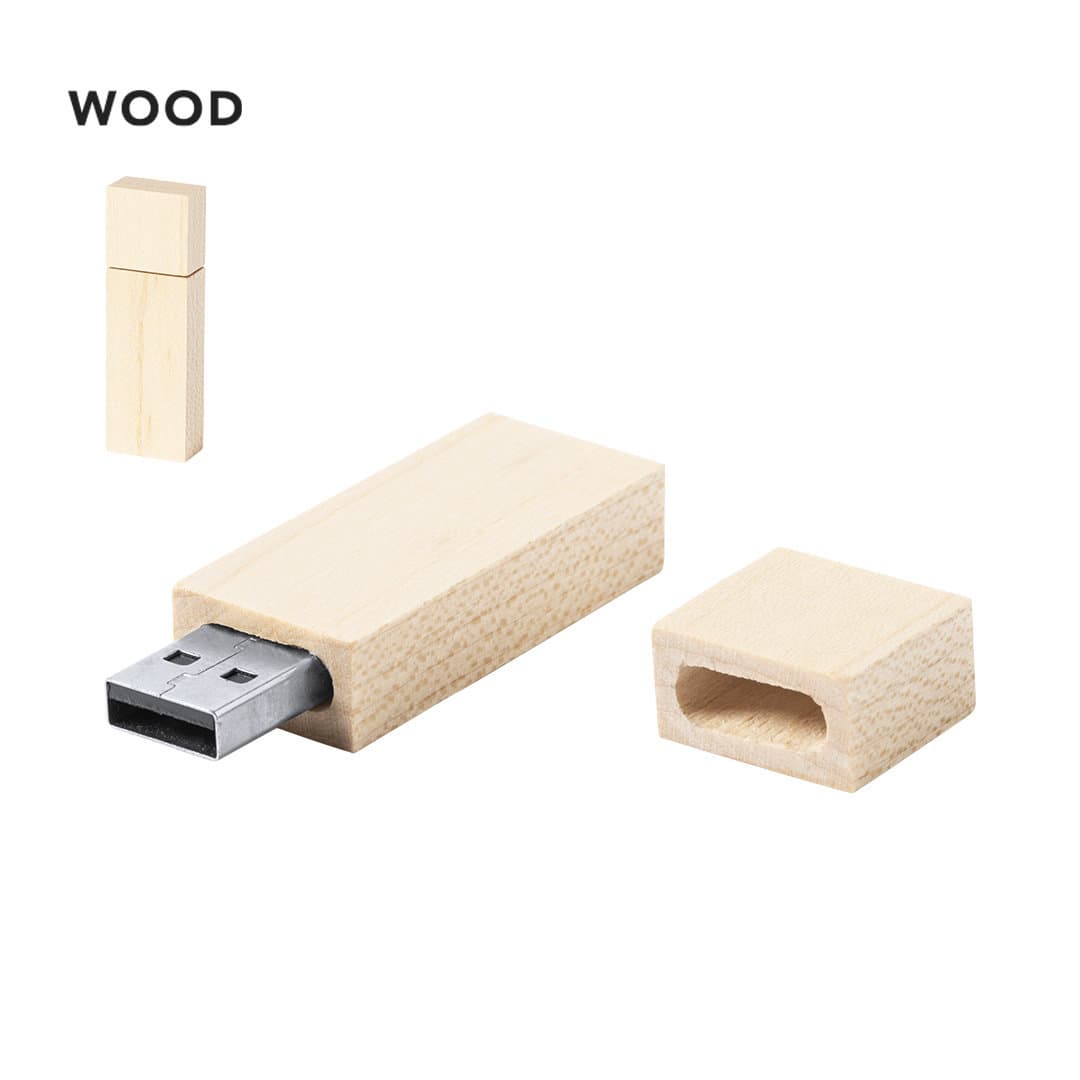 A wooden USB memory stick with a removable cover, featuring a metallic connector, presented in a light wood finish. Nokex 16GB USB Memory - Image 1