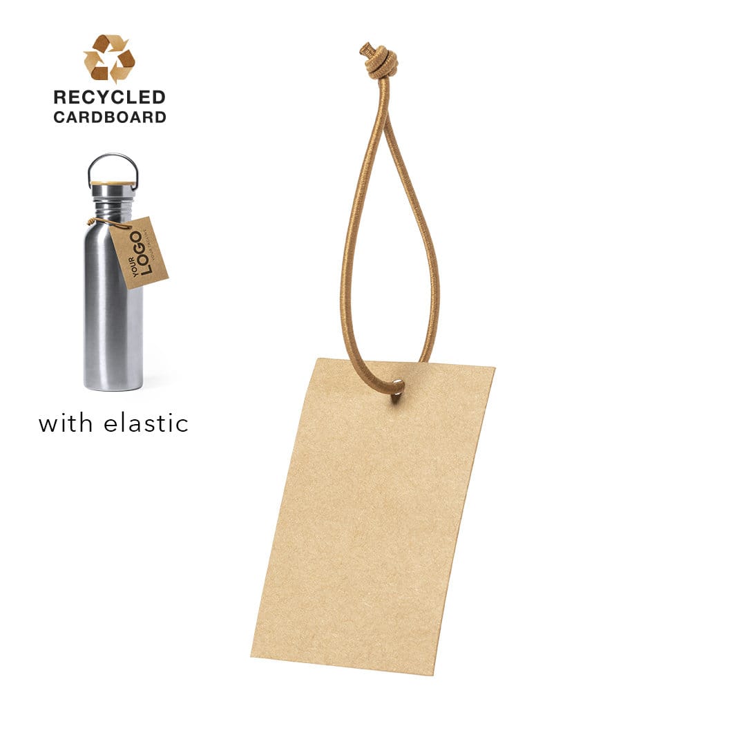 A brown recycled cardboard gift hangtag with elastic, featuring a metallic drink bottle in the background. Canlia Gift Hangtag - Image 1