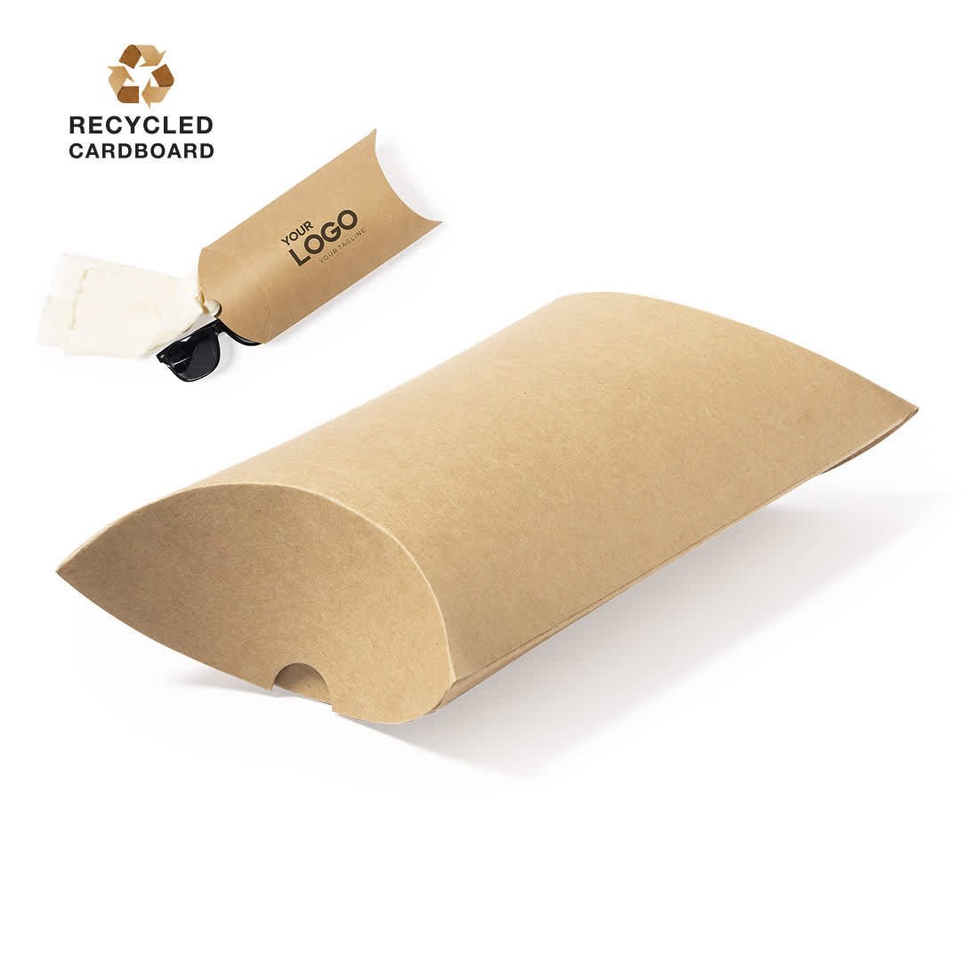 A brown pillow box made from recycled cardboard, featuring a logo and an open flap for easy access. Boxit Gift Box - Image 1