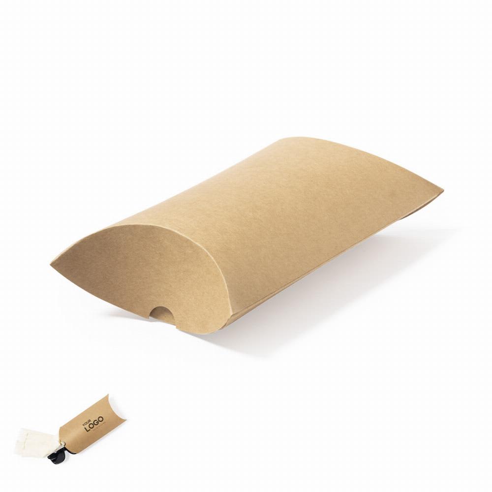 A brown pillow box with a cut-out opening and a tag for branding, suitable for packaging small items. Boxit - Image 1