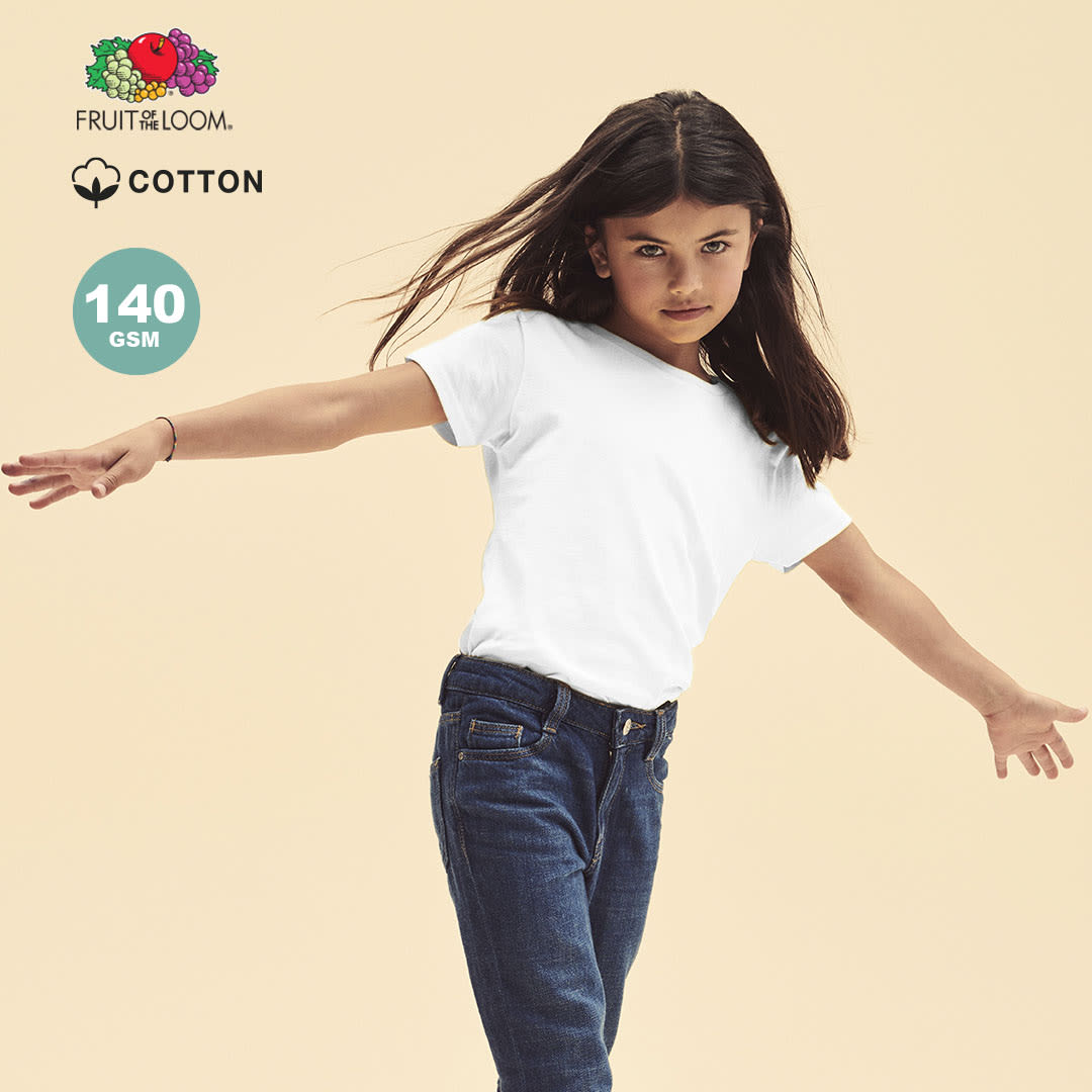 A child wearing a white cotton T-shirt, striking a playful pose, paired with blue jeans. Iconic Kids White T-Shirt - Image 1