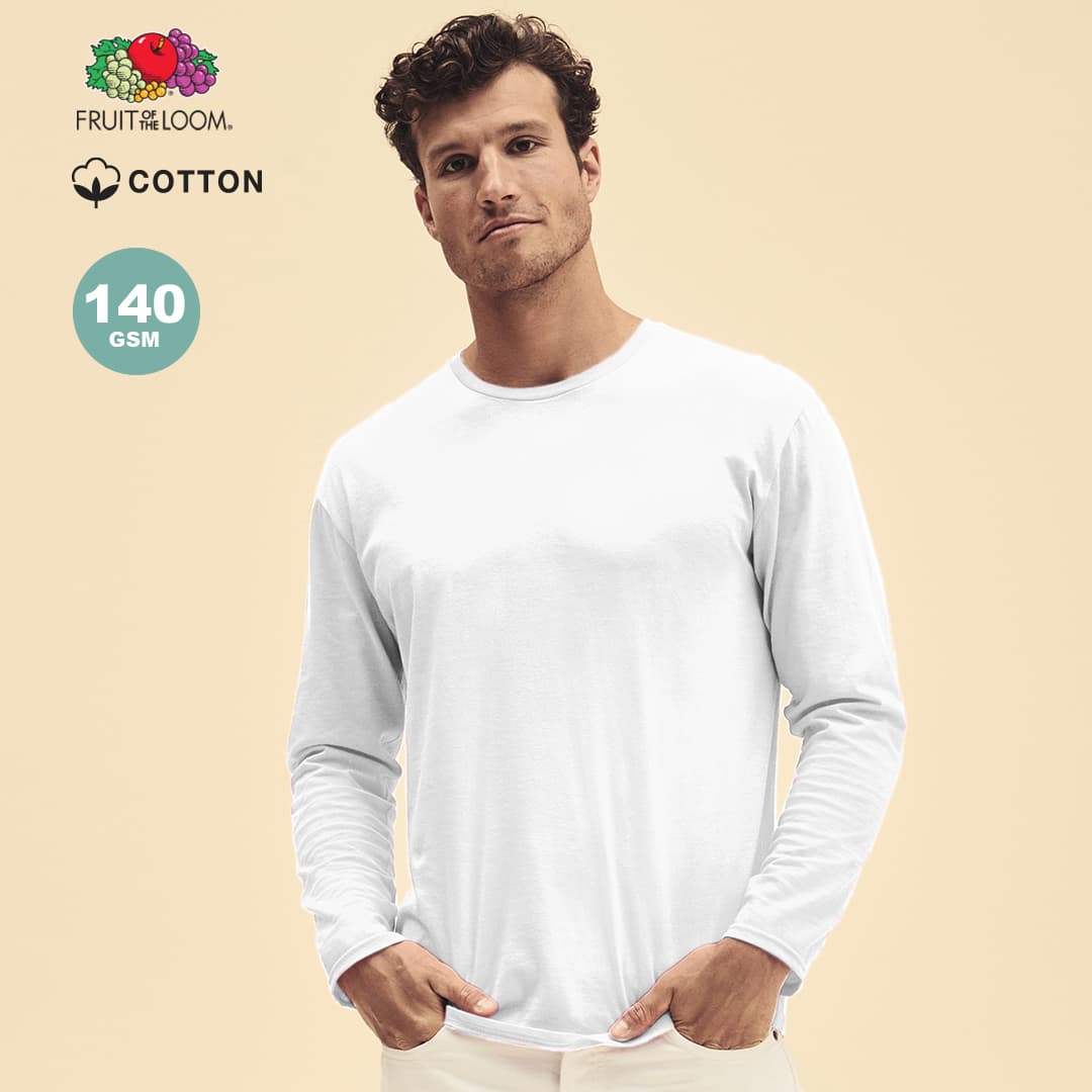 A white long sleeve T-shirt displayed on a model, featuring a logo and made from cotton with 140 GSM fabric. Iconic Long Sleeve T Adult White T-Shirt - Image 1