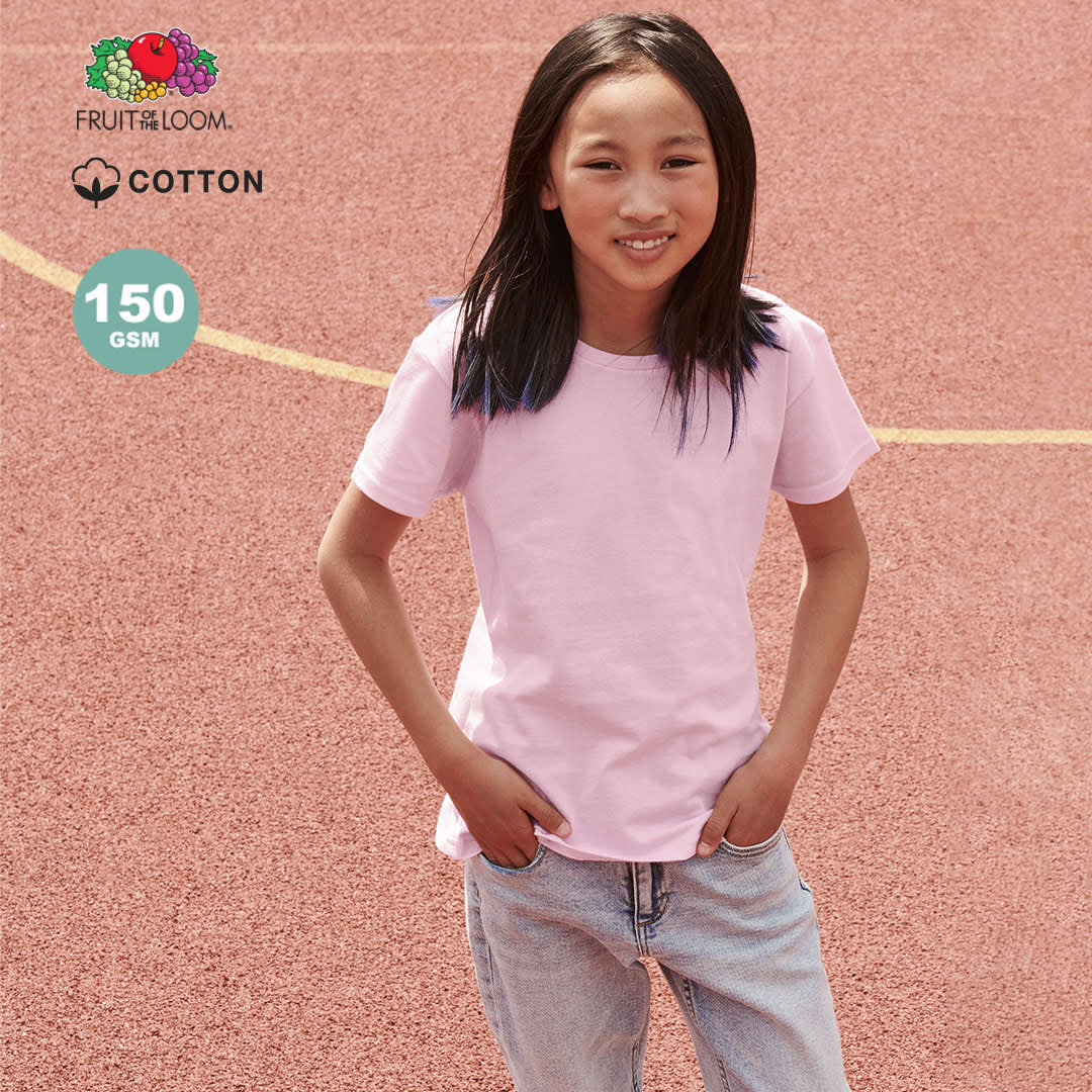 A pink t-shirt designed for kids, featuring a classic fit and short sleeves, set against a textured background. Iconic Kids Colour T-Shirt - Image 1