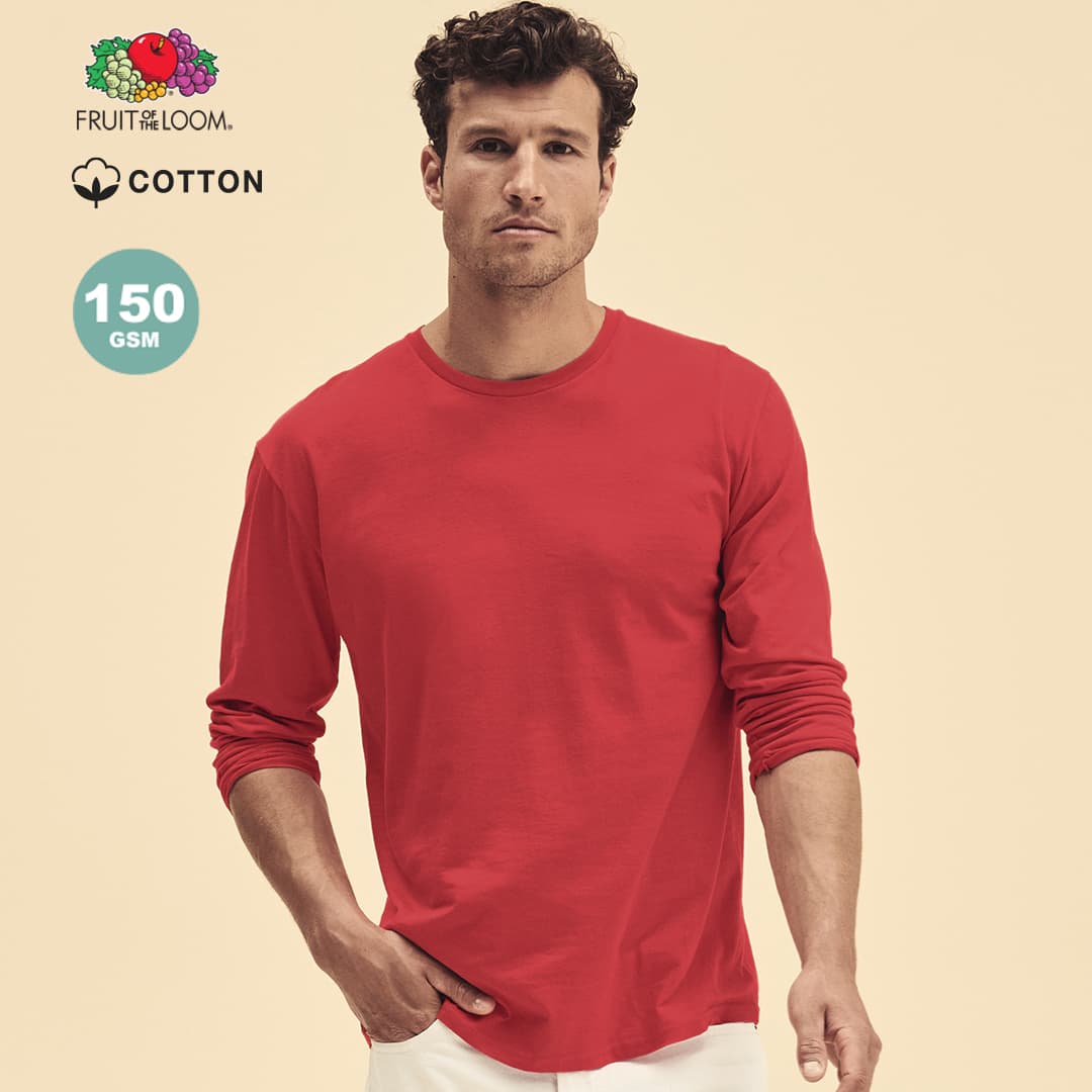 A red long sleeve T-shirt for adults made of cotton, featuring a logo on the design. Iconic Long Sleeve T Adult Colour T-Shirt - Image 1