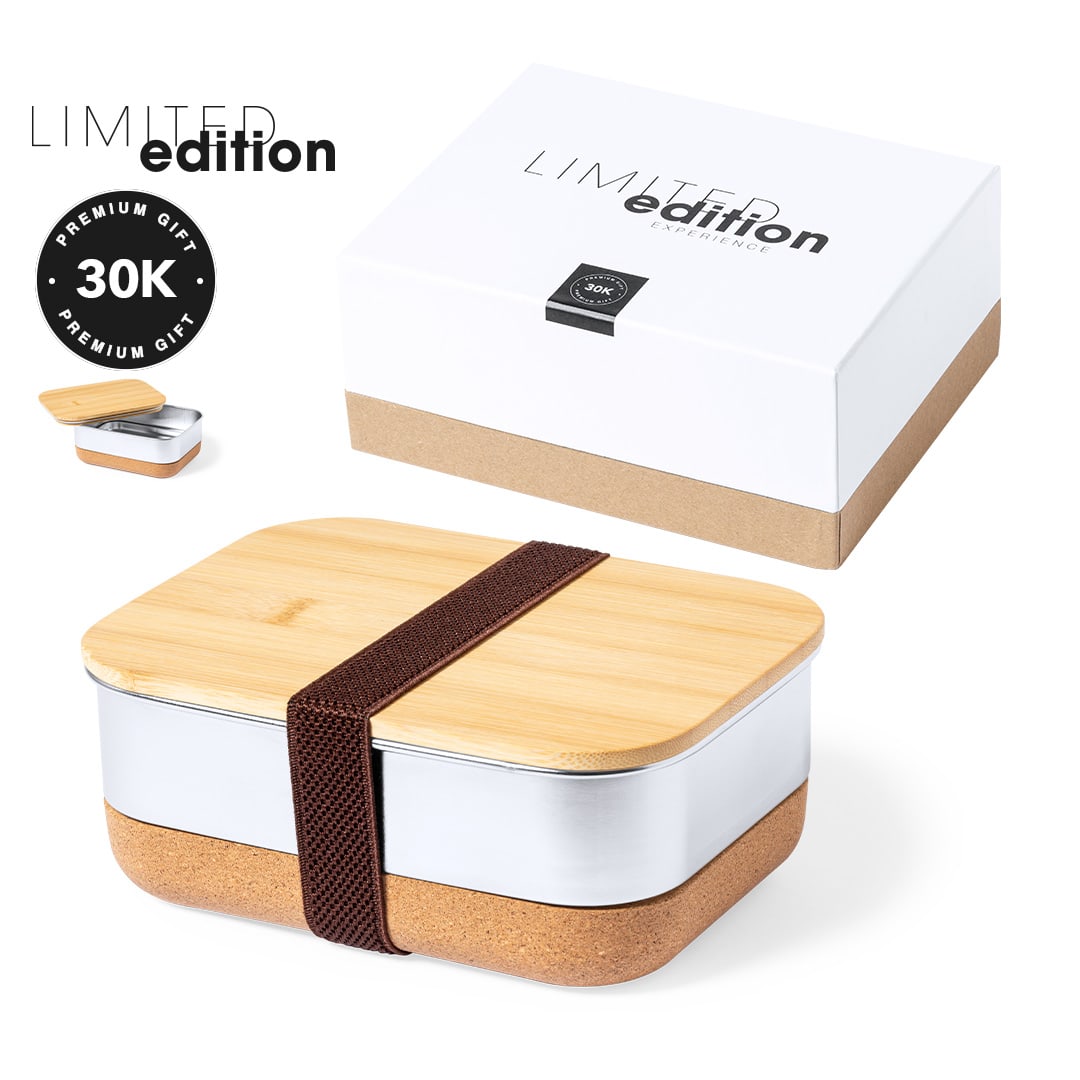 A bamboo and stainless steel lunch box with a cork base, secured by a brown strap, placed beside its white packaging. Lanrok Lunch Box - Image 1