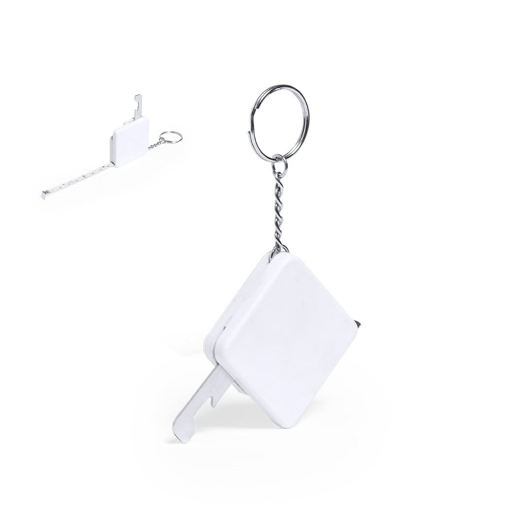 A white tape measure with a keyring attachment, featuring a retractable measuring tape and a compact design. Liam 1m Opener Tape Measure - Image 1