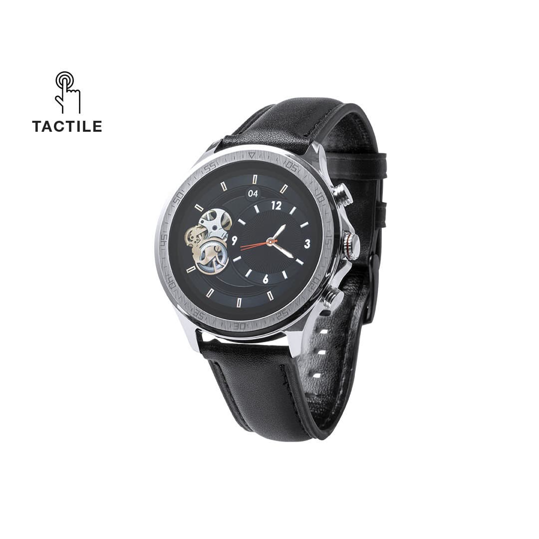 A smartwatch with a black leather strap, featuring a silver case and an intricate dial design. Fronk Smart Watch - Image 1