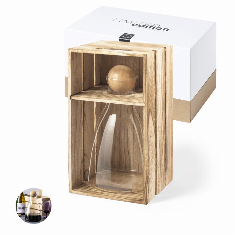 A drink bottle made of clear glass, presented in a wooden box with a circular wooden stopper. Colley - Image 1