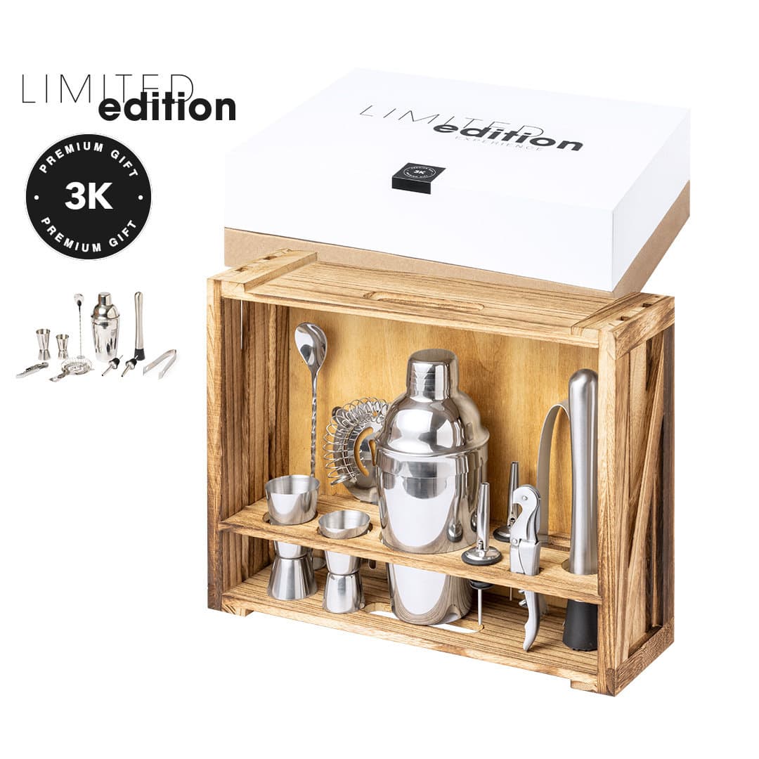 A wooden crate containing a cocktail shaker, measuring cups, and various bar tools, all in a premium gift box. Bespin - Image 1