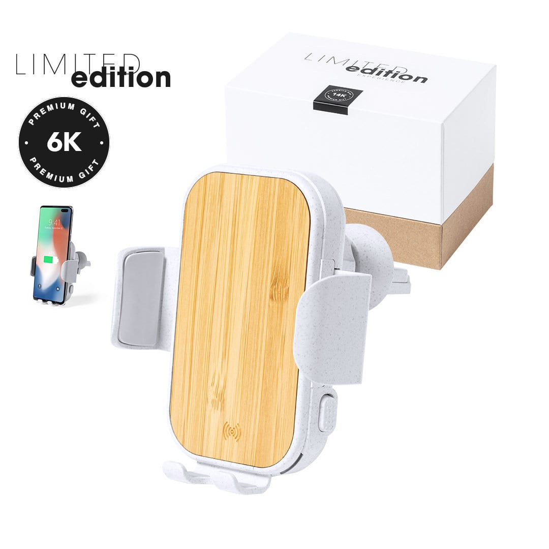A wireless charger holder in white with a bamboo finish, accompanied by a plain box featuring a logo. Yaben Charger Holder - Image 1