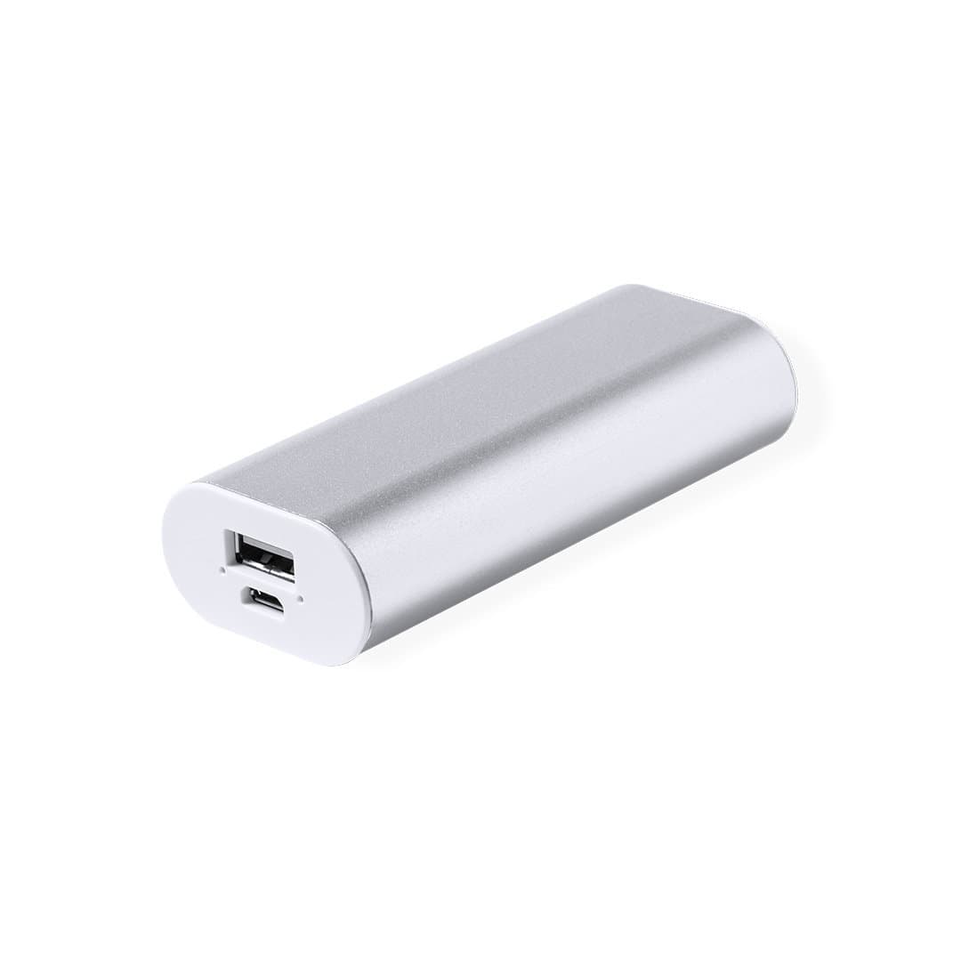 A silver power bank with a USB and micro USB port, featuring a minimalist design and a logo. Hylin Power Bank - Image 1