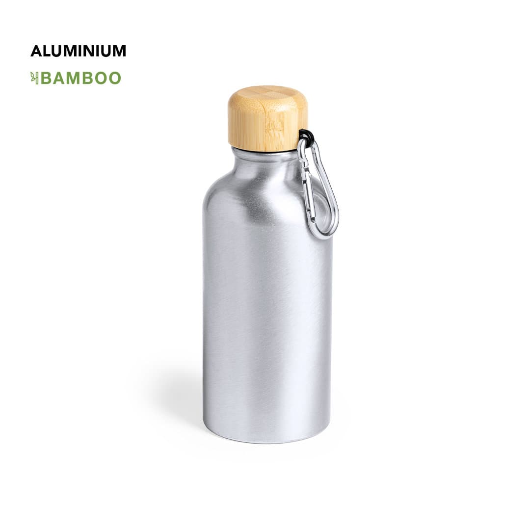 A drink bottle made of aluminium with a bamboo lid and a metal carabiner, in a silver finish. Yorix - Image 1