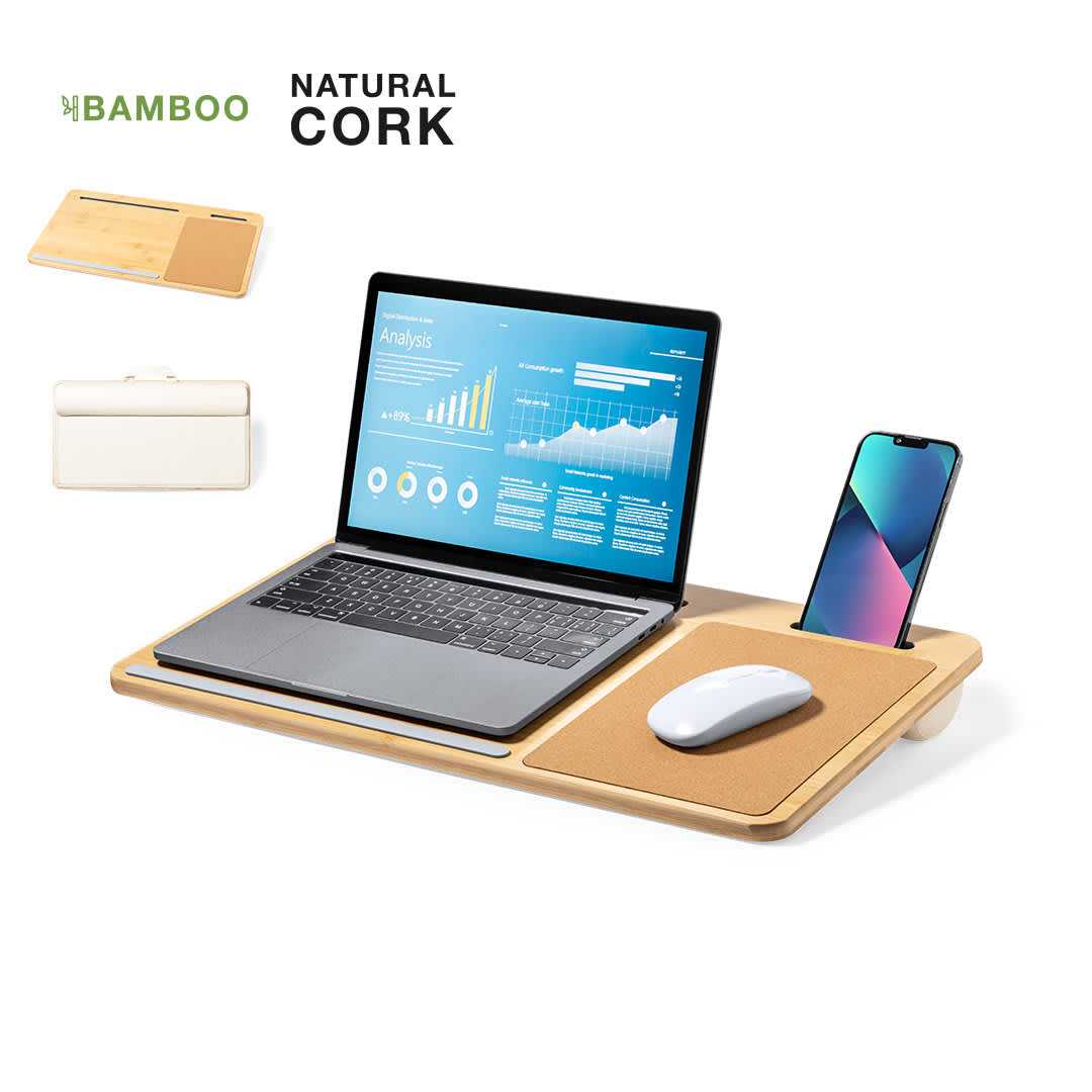 A bamboo and natural cork mousepad with a laptop, phone, and mouse displayed on it. Features a logo. Luan Organizer Mousepad - Image 1
