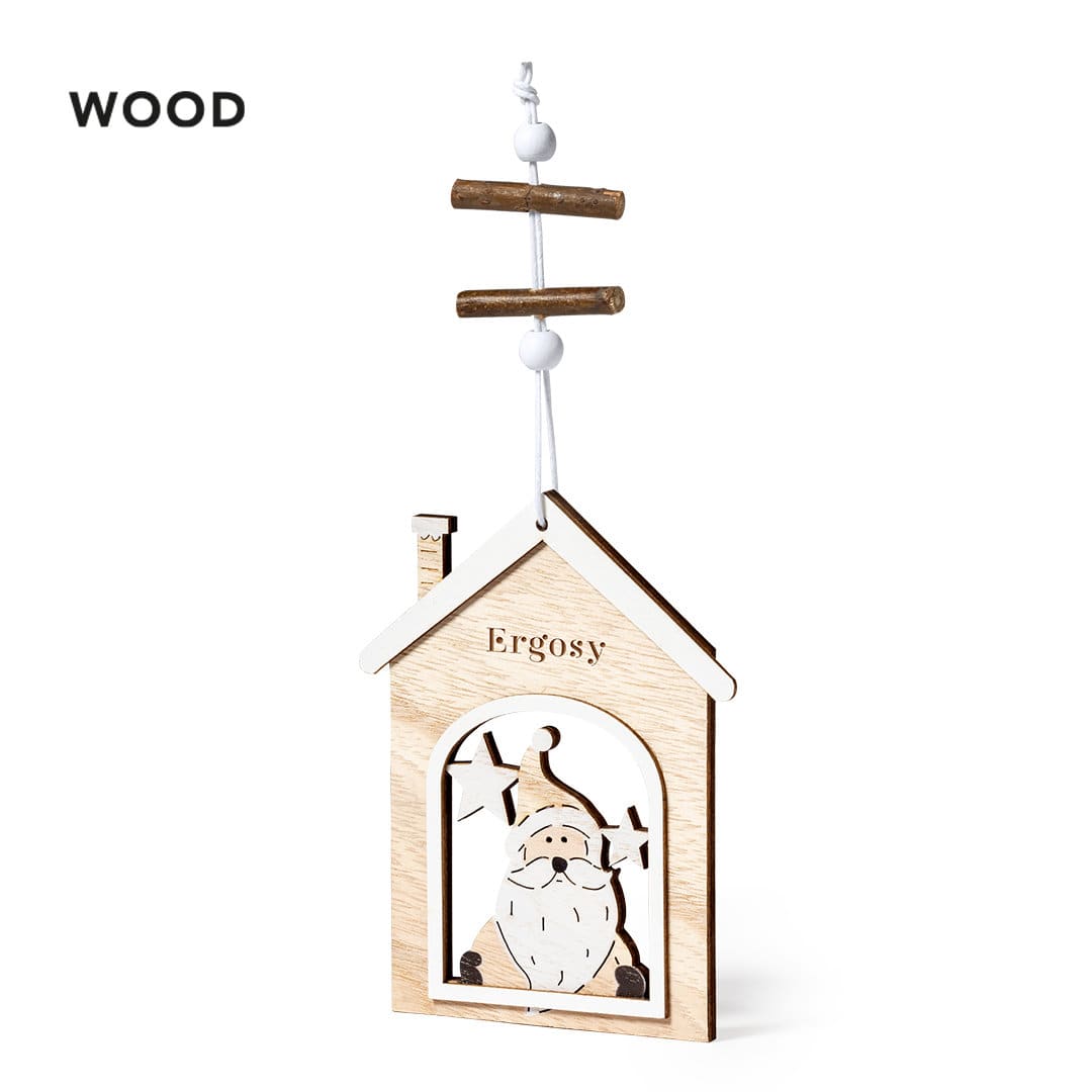 A wooden decoration in the shape of a house featuring a Santa figure and a hanging mechanism. It has a natural wood finish. Roman - Image 1