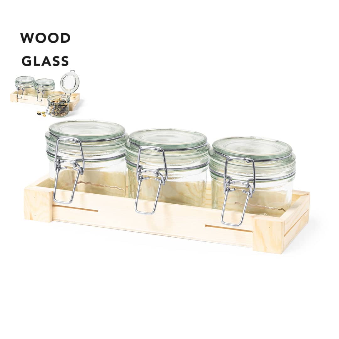 A set of three glass jars with metal clamps, placed in a wooden holder. Gaby Jar Set - Image 1