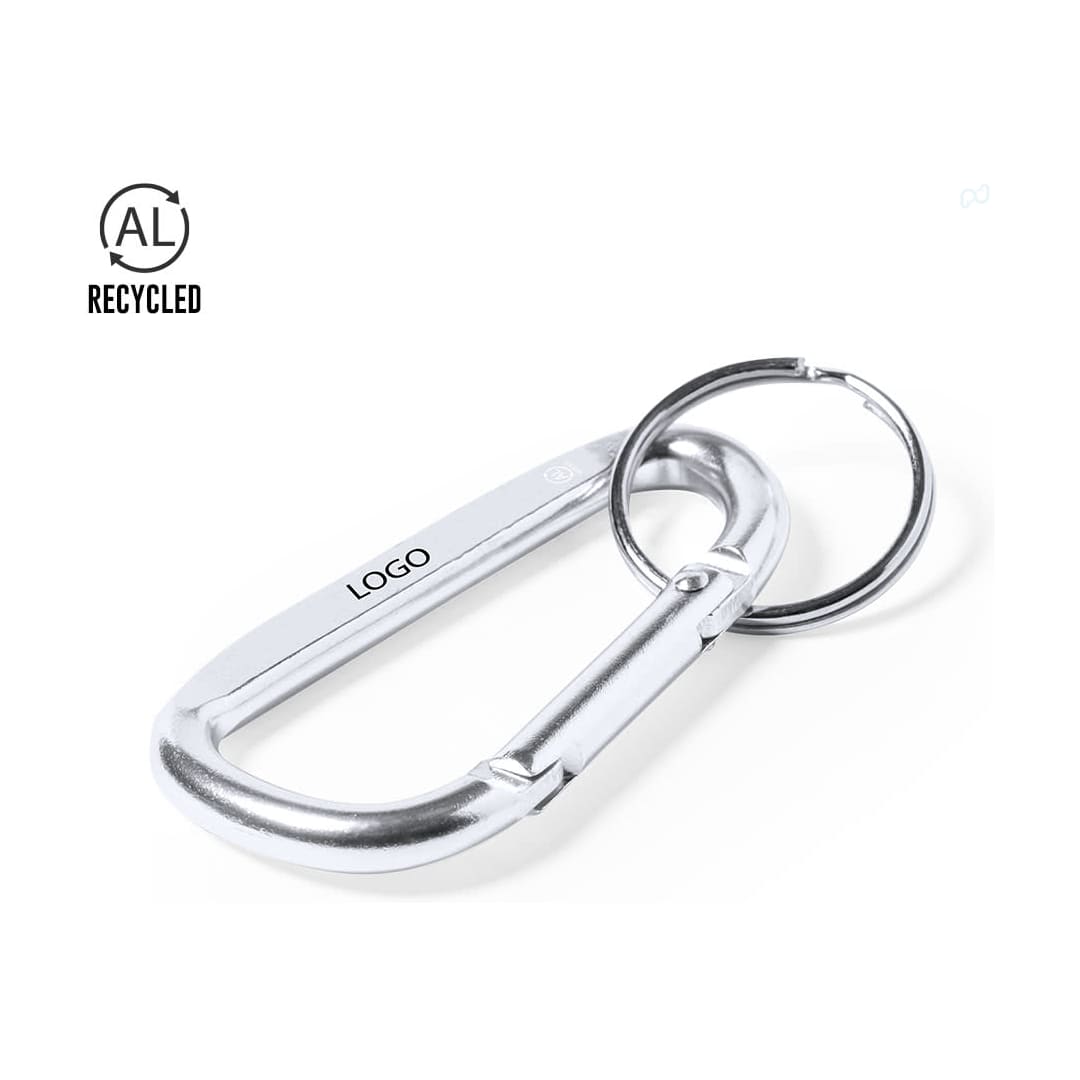 A silver carabiner keyring with a circular attachment, featuring a logo on its surface. Galinex Carabiner - Image 1