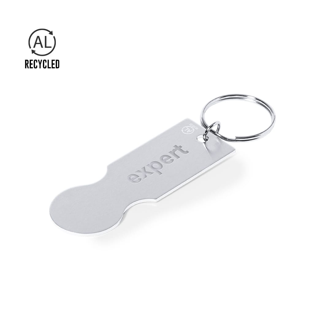 A silver keyring coin with a loop and a flat, rounded end, featuring a logo and branding. Talgun Keyring Coin - Image 1