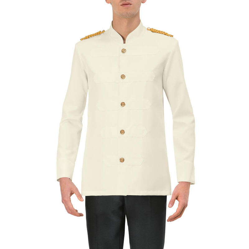 A white jacket with gold shoulder epaulettes and button detailing, featuring a high collar and long sleeves. Pier Lux Jacket - Image 1
