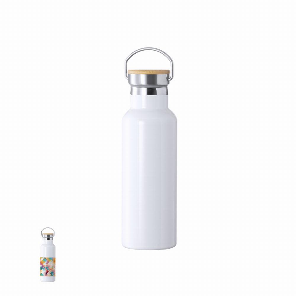 A drink bottle with a white body and a wooden cap, featuring a silver ring handle. Ying - Image 1