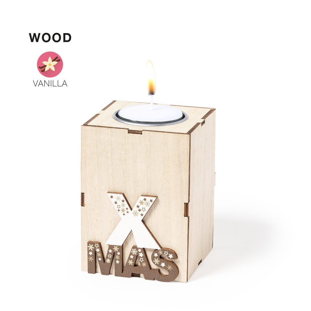 A wooden candle holder with a vanilla-scented tealight, featuring a festive 'XMAS' design. Jorin Aromatic Candle - Image 1