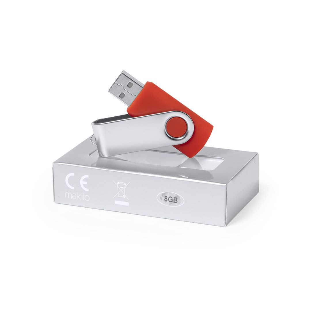 A silver and red 8GB USB flash drive, angled on a white box with a logo and branding. Yeskal 8GB USB Memory - Image 1