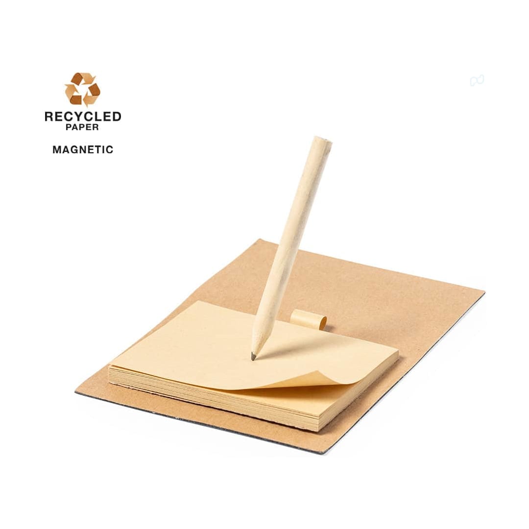 A magnetic notepad with a pencil, featuring a brown recycled paper design and a sturdy base. Kibly Magnet - Image 1