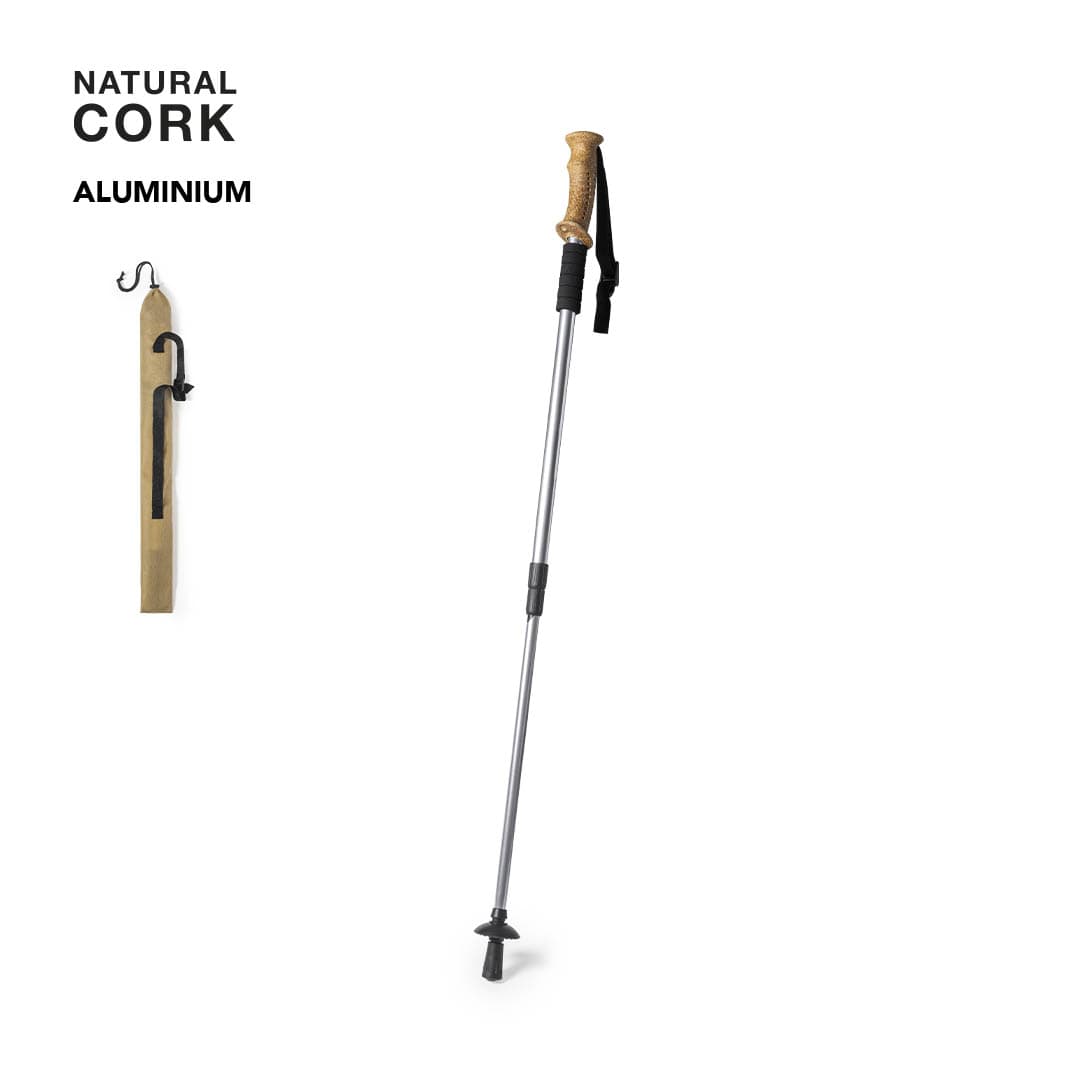 A walking pole with a natural cork handle, aluminium shaft, and a black strap. It features a hook for hanging. Caterpil Walking Pole - Image 1