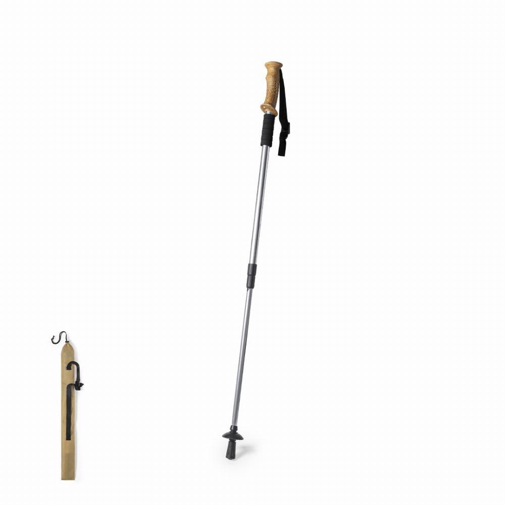 A trekking pole with a wooden grip, adjustable metal shaft, and rubber tip. It includes a strap and a hook for hanging. Caterpil - Image 1