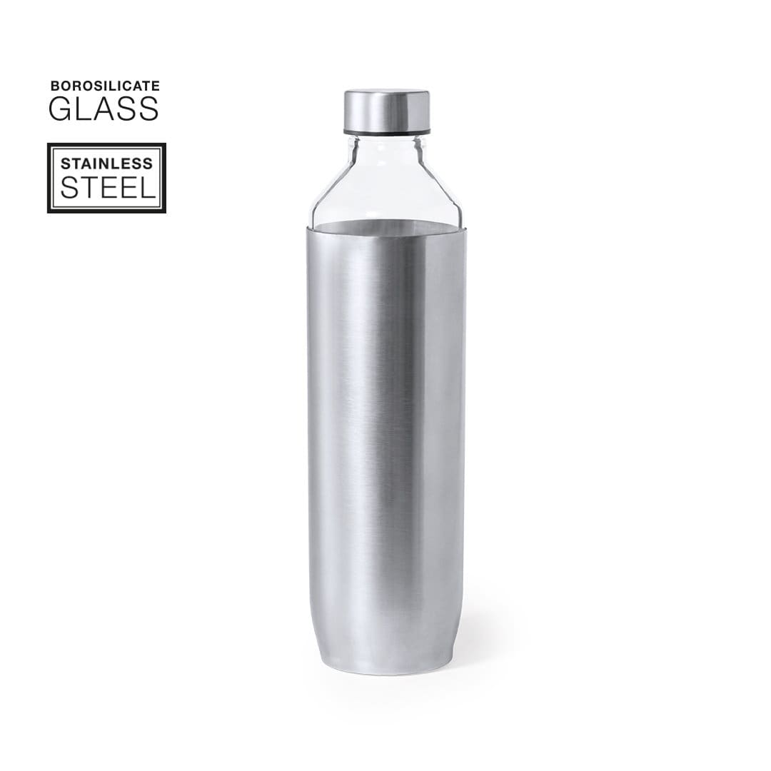 A drink bottle featuring a clear glass body encased in a silver stainless steel sleeve. It has a metallic cap. Ivisur - Image 1