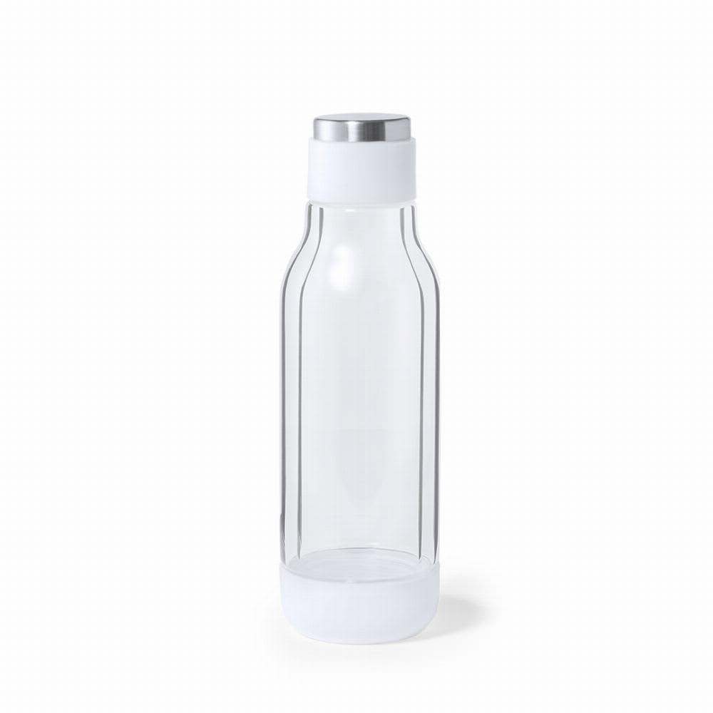 A drink bottle made of clear material with a white base and a silver metal lid. It features a logo. Kay - Image 1