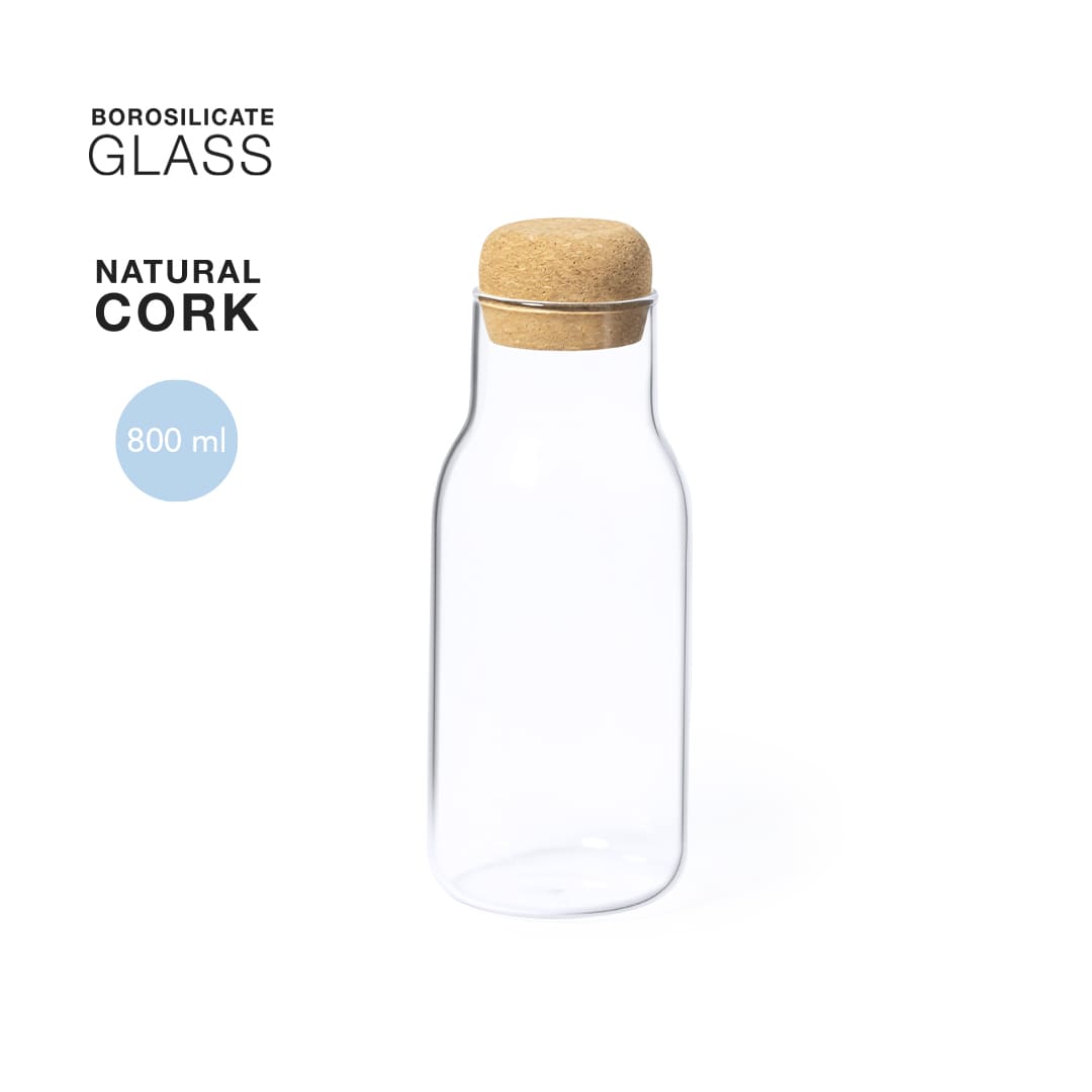 A drink bottle made of borosilicate glass with a natural cork lid, holding 800 ml. Ricadel Bottle - Image 1