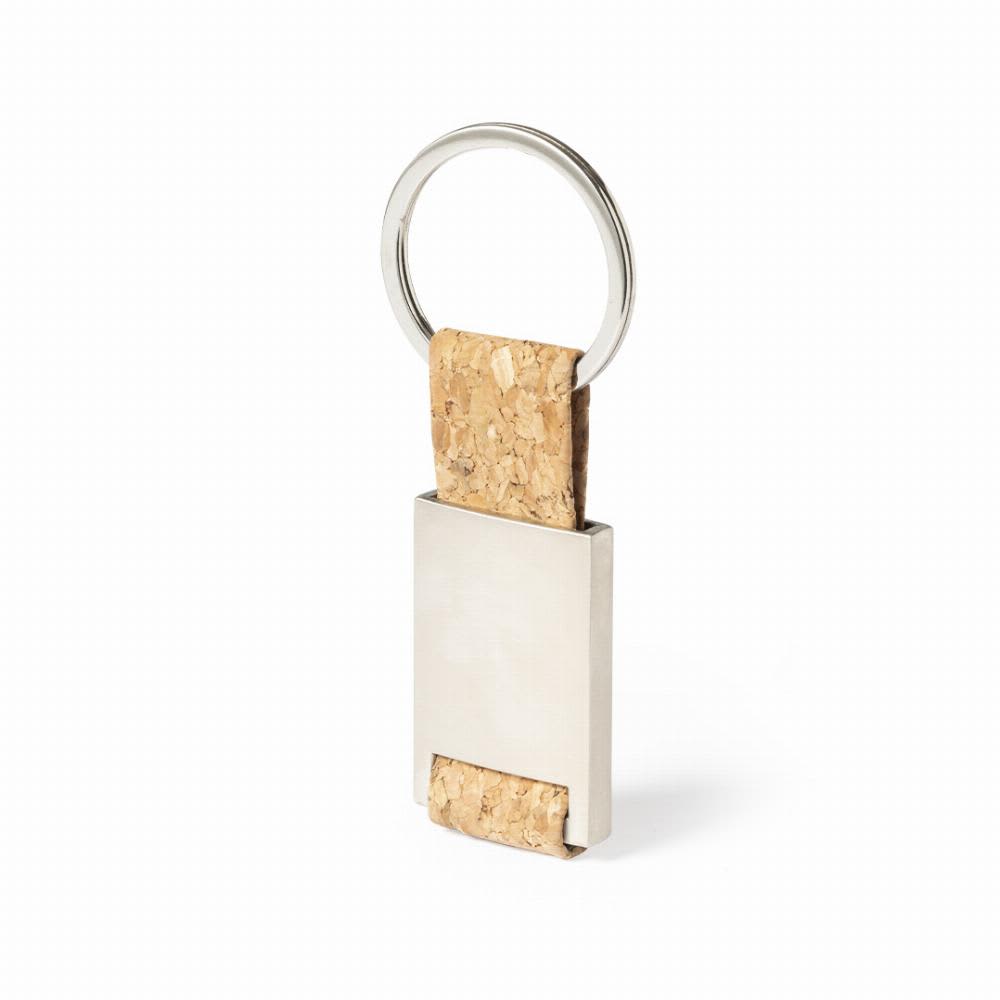 A keyring with a silver metal body and a cork strap, featuring a circular metal loop for attaching keys. Rhedon - Image 1
