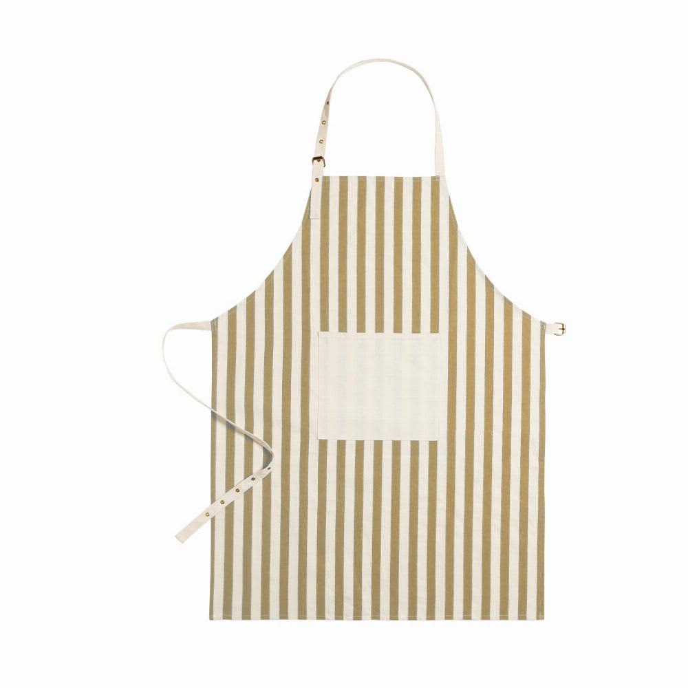 A striped apron in beige and cream with a front pocket and adjustable neck strap. Kuirtel - Image 1