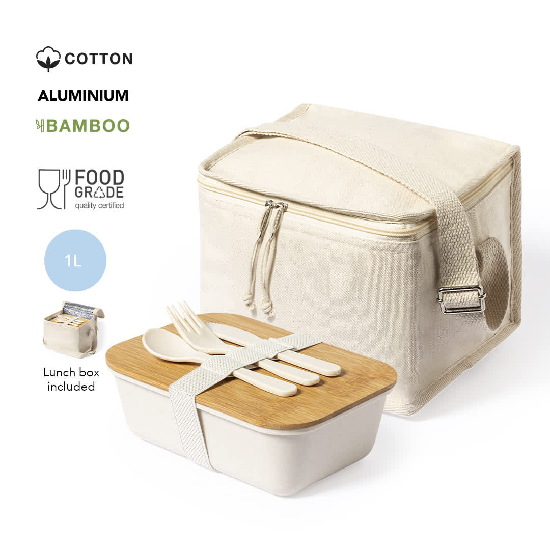 A cream-coloured cooler bag with a zip and strap. Includes a lunch box with cutlery and features a logo. Parum Cool Bag - Image 1