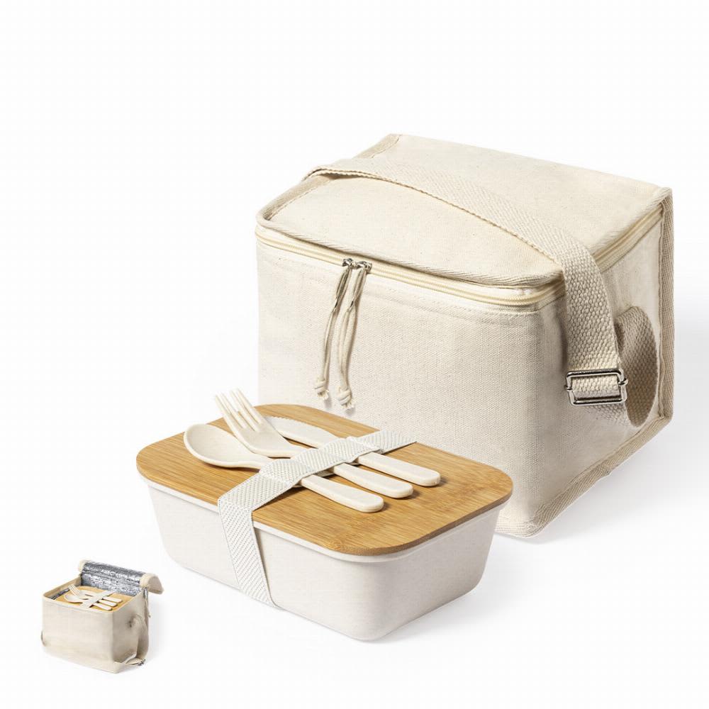 A lunch bag in beige with a matching lunch box featuring a wooden lid and utensils secured with a strap. Parum - Image 1