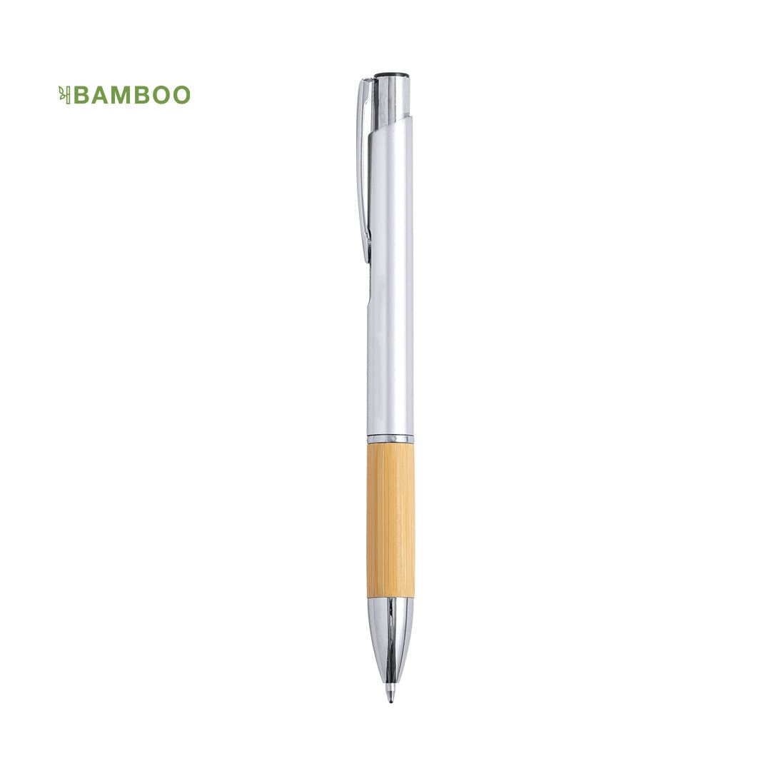 A silver and bamboo pen with a sleek design, featuring a branding logo on the upper left. Yackets Pen - Image 1