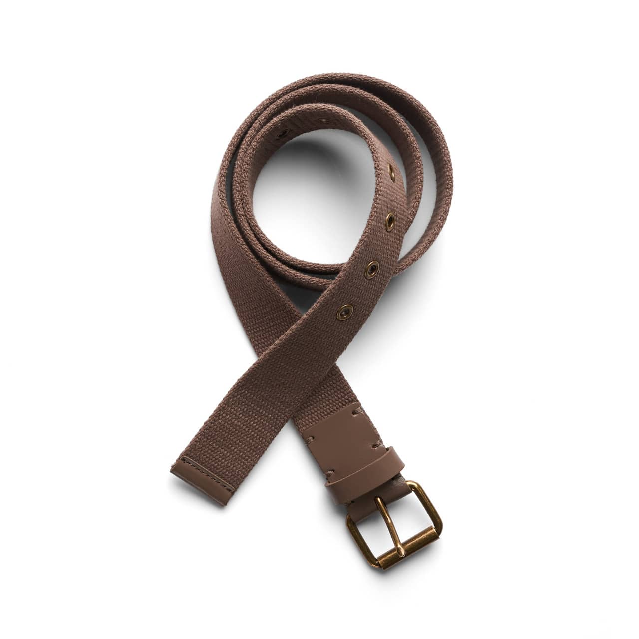 A brown cotton webbing belt with a rectangular buckle and adjustable holes, featuring a minimalist design. Cotton Webbing Belt - Image 1