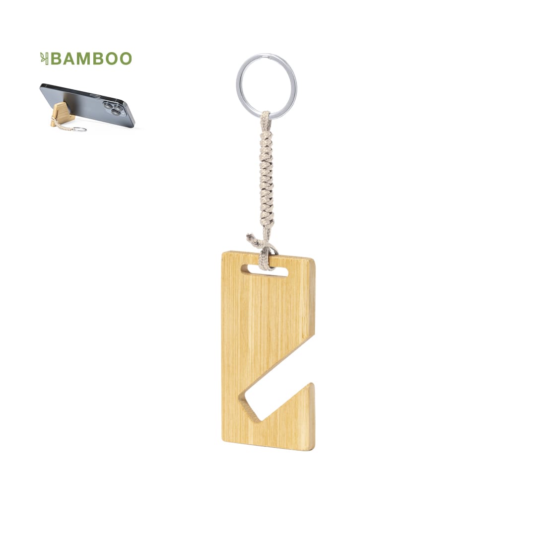 A bamboo keyring with a unique design and a silver keyring attachment. Features a textured cord for usability. Zeke Holder Keyring - Image 1